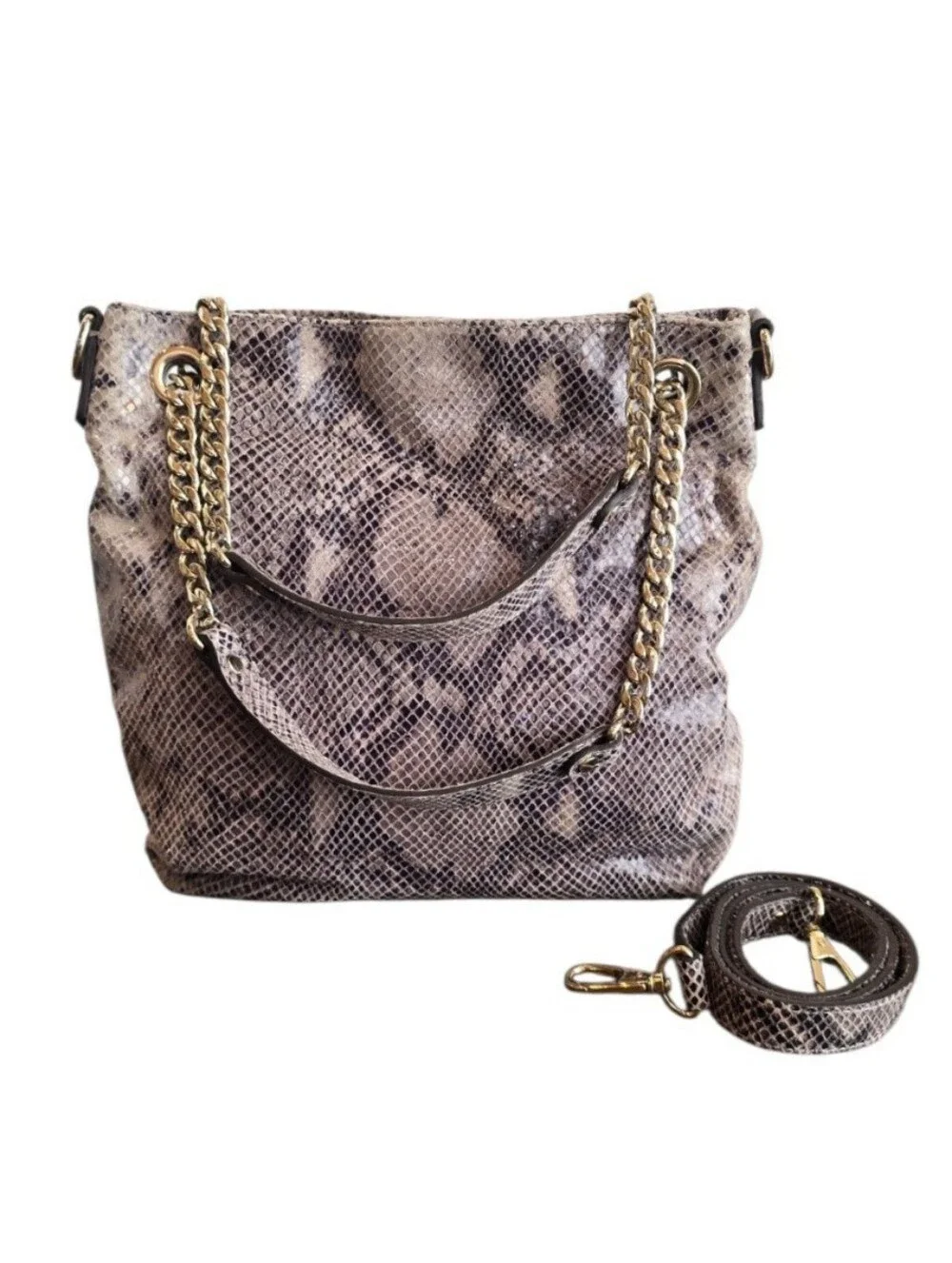 Michael Kors Jet Set Gray Brown Snakeskin Embossed Leather Hobo Handbag